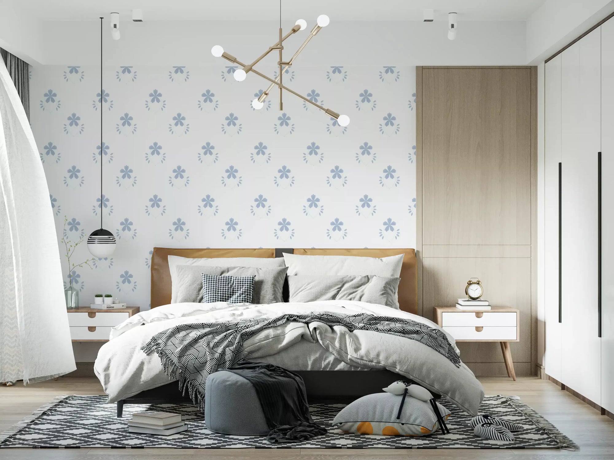 Scandi blue blossom wallpaper with periwinkle floral motifs in bedroom GD10744