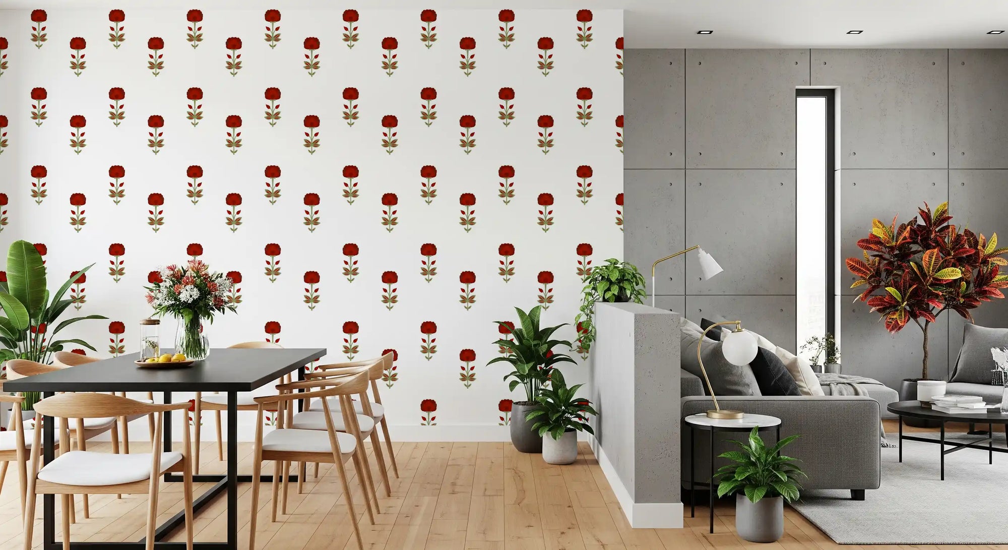 Red Mughal blossom wallpaper with crimson blooms in dining room. GD10745 
