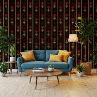 Crimson Folk Art Floral Stripe Wallpaper Wallpaper⁠