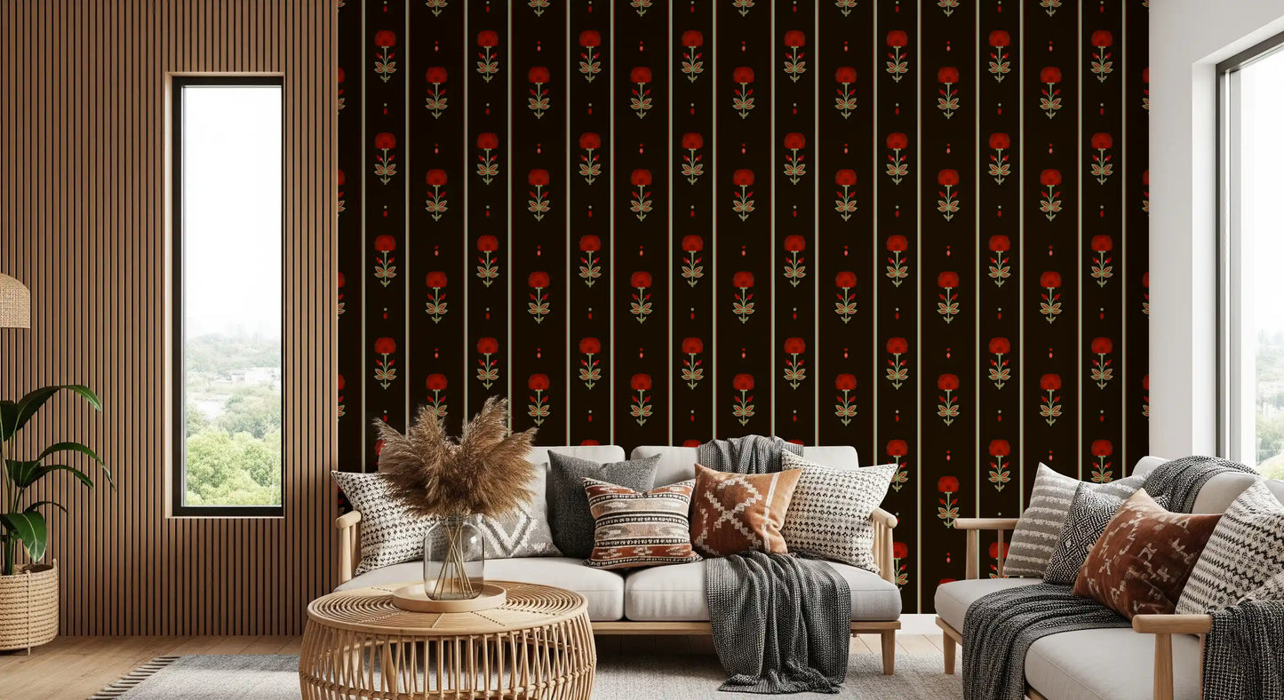 Crimson Folk Art Floral Stripe Wallpaper Wallpaper⁠
