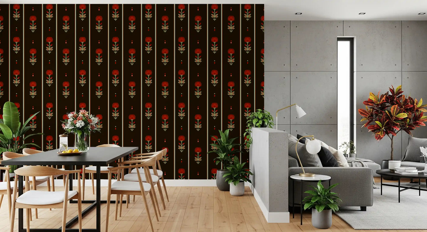 Crimson Folk Art Floral Stripe Wallpaper Wallpaper⁠