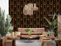 Crimson Folk Art Floral Stripe Wallpaper Wallpaper⁠