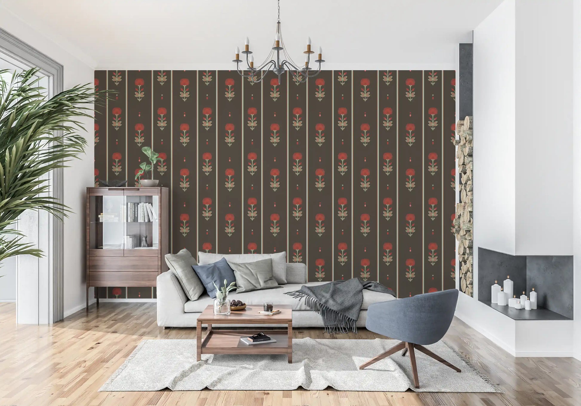 Crimson Folk Art Floral Stripe Wallpaper Wallpaper⁠