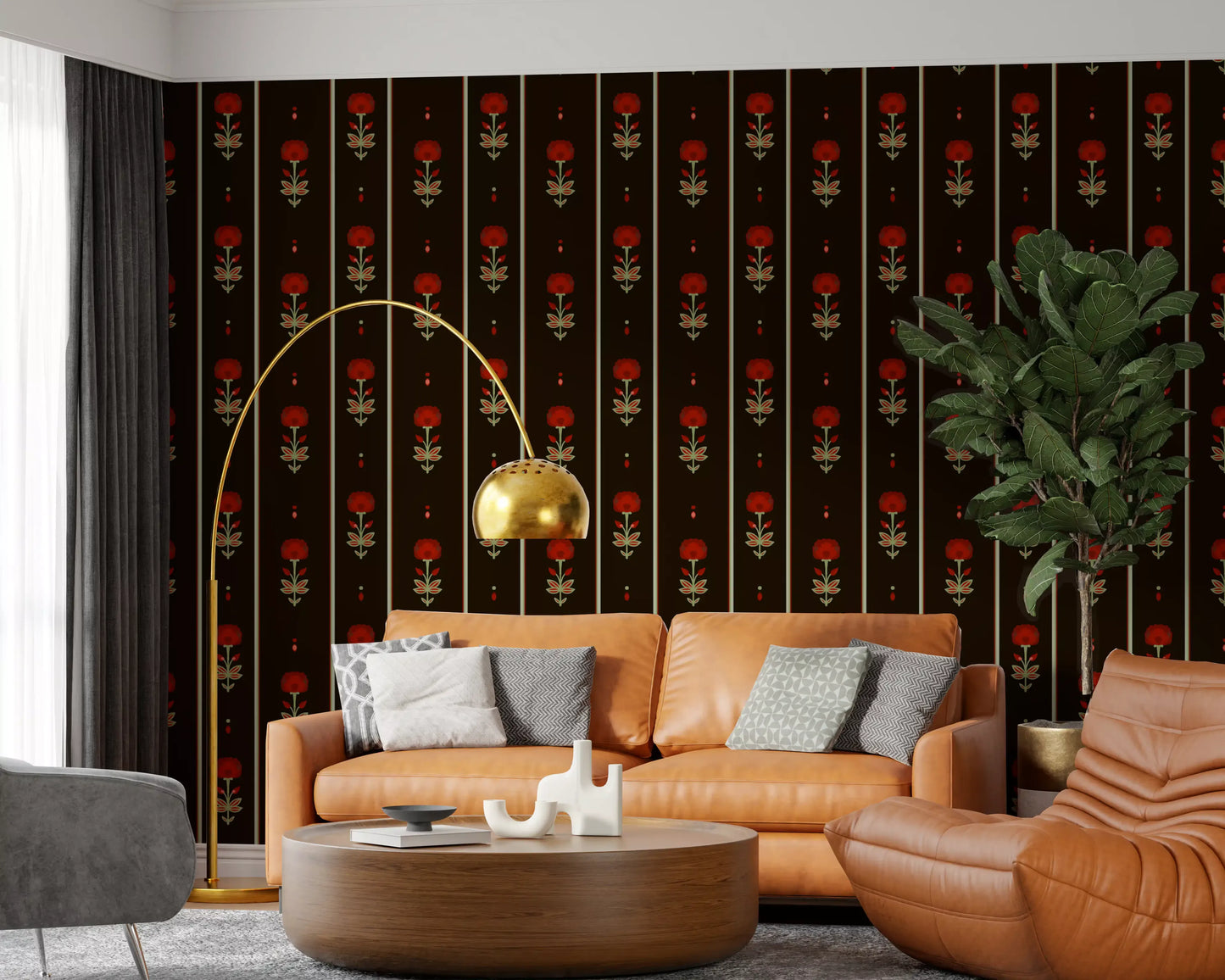 Crimson Folk Art Floral Stripe Wallpaper Wallpaper⁠