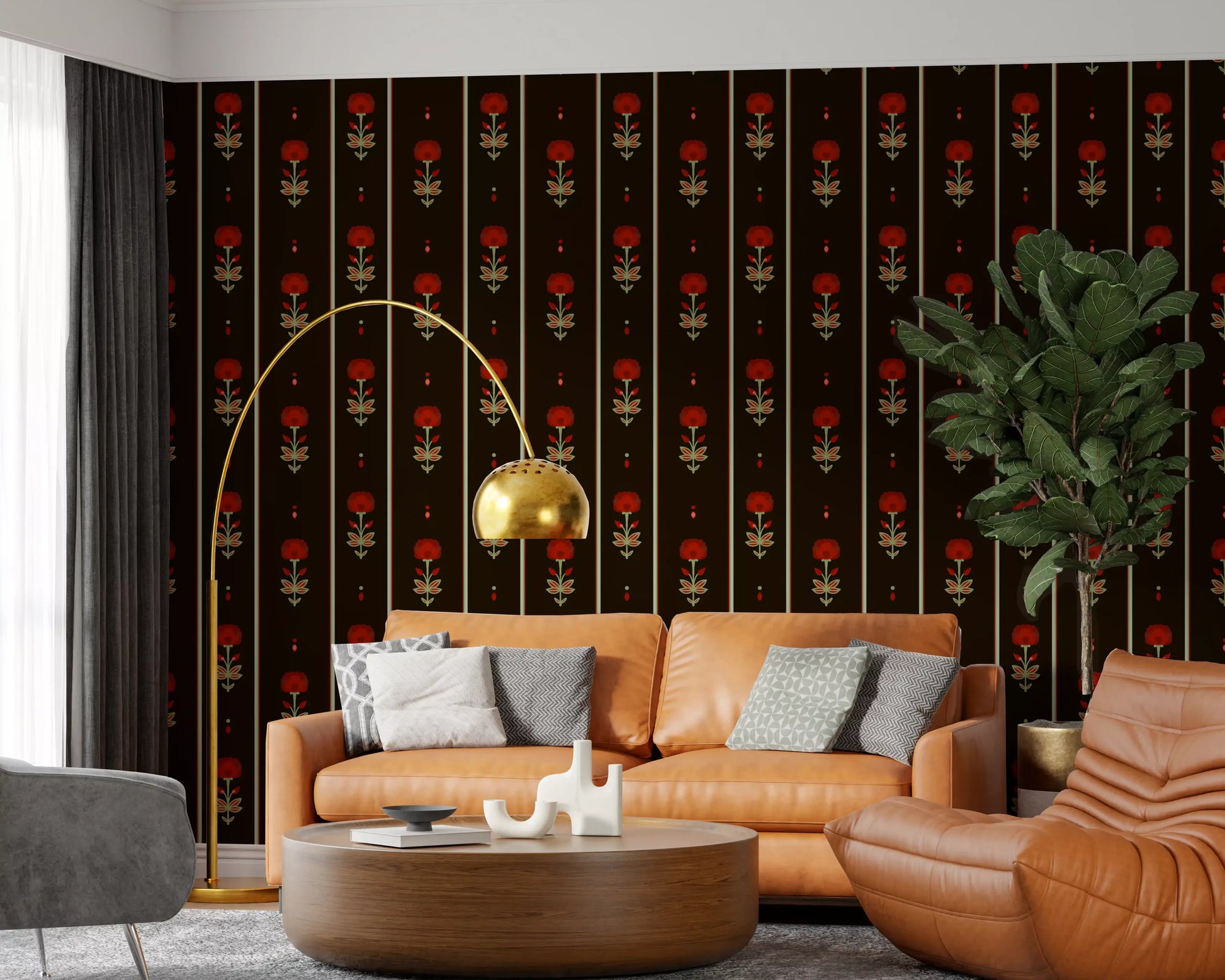 Crimson Folk Art Floral Stripe Wallpaper Wallpaper⁠