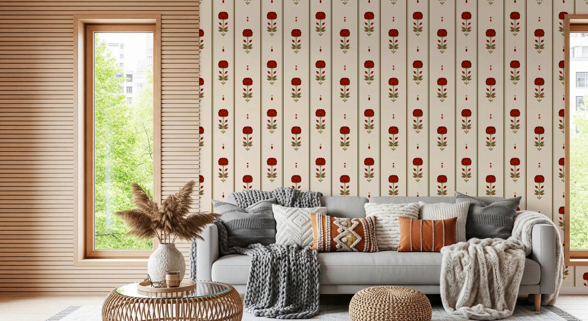 Vintage Heritage Red Floral Stripe Wallpaper Wallpaper⁠