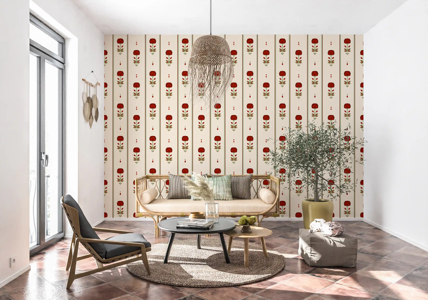 Vintage Heritage Red Floral Stripe Wallpaper Wallpaper⁠
