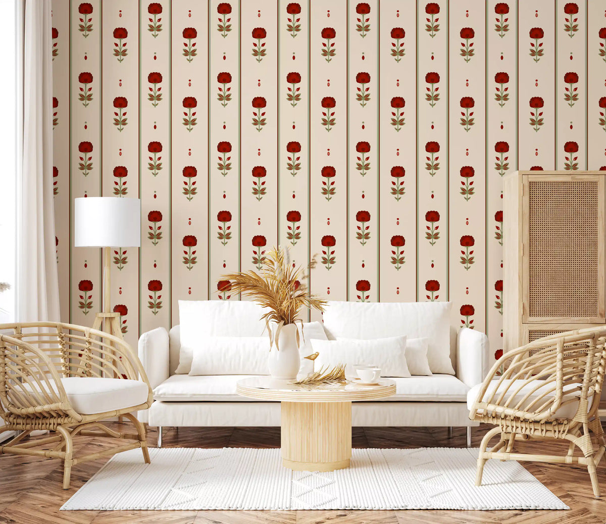 Vintage heritage red floral stripe wallpaper with blooms in living room. GD10747 
