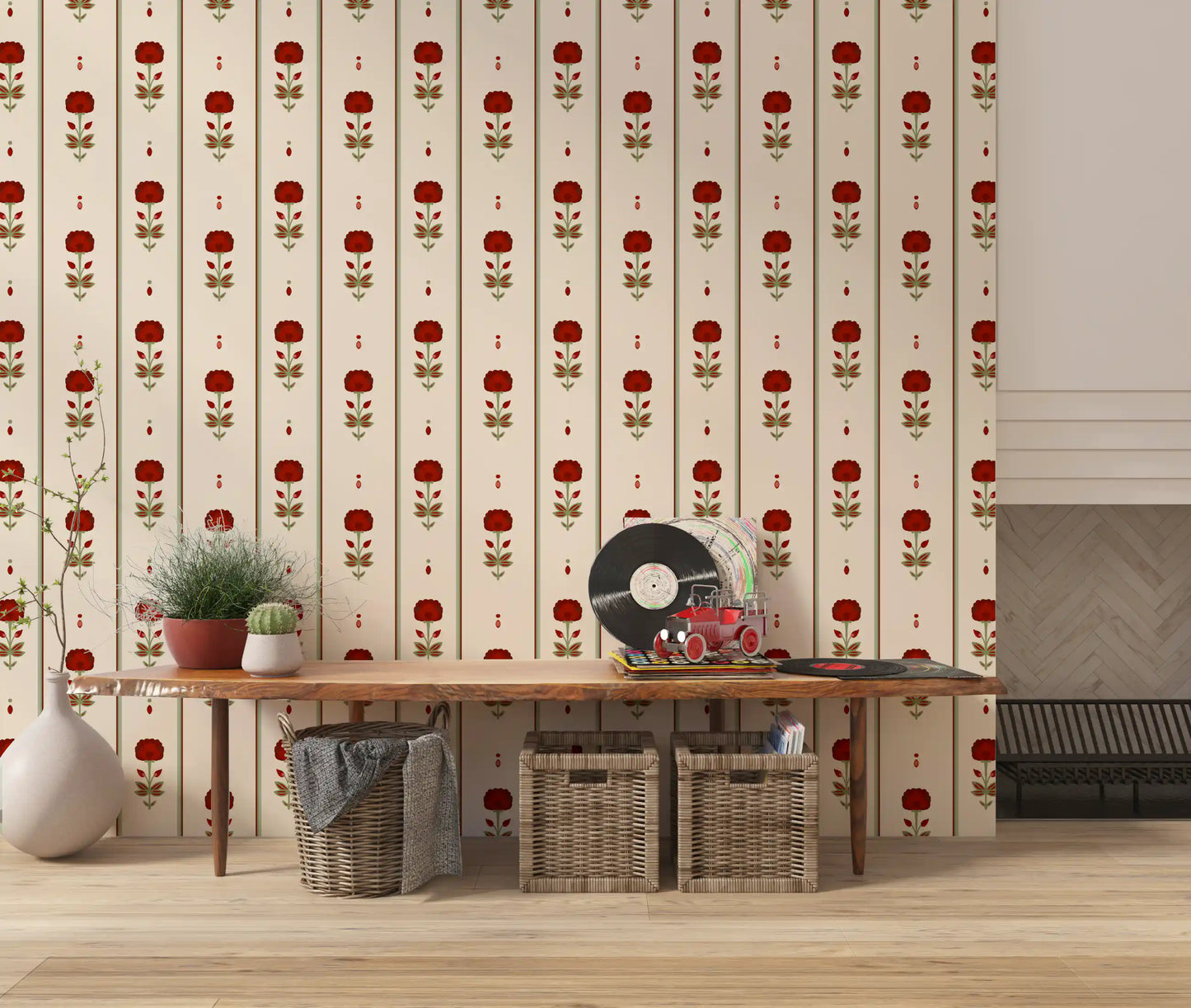 Vintage Heritage Red Floral Stripe Wallpaper Wallpaper⁠