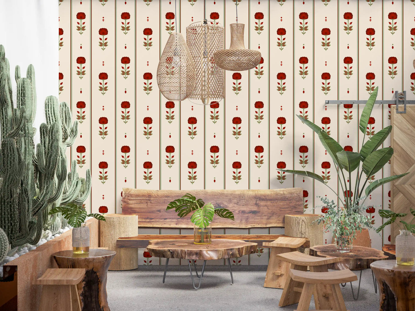 Vintage Heritage Red Floral Stripe Wallpaper Wallpaper⁠