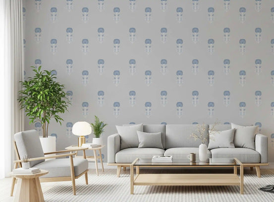 Blue blossom wallpaper with dusty blue blooms in living room GD10748