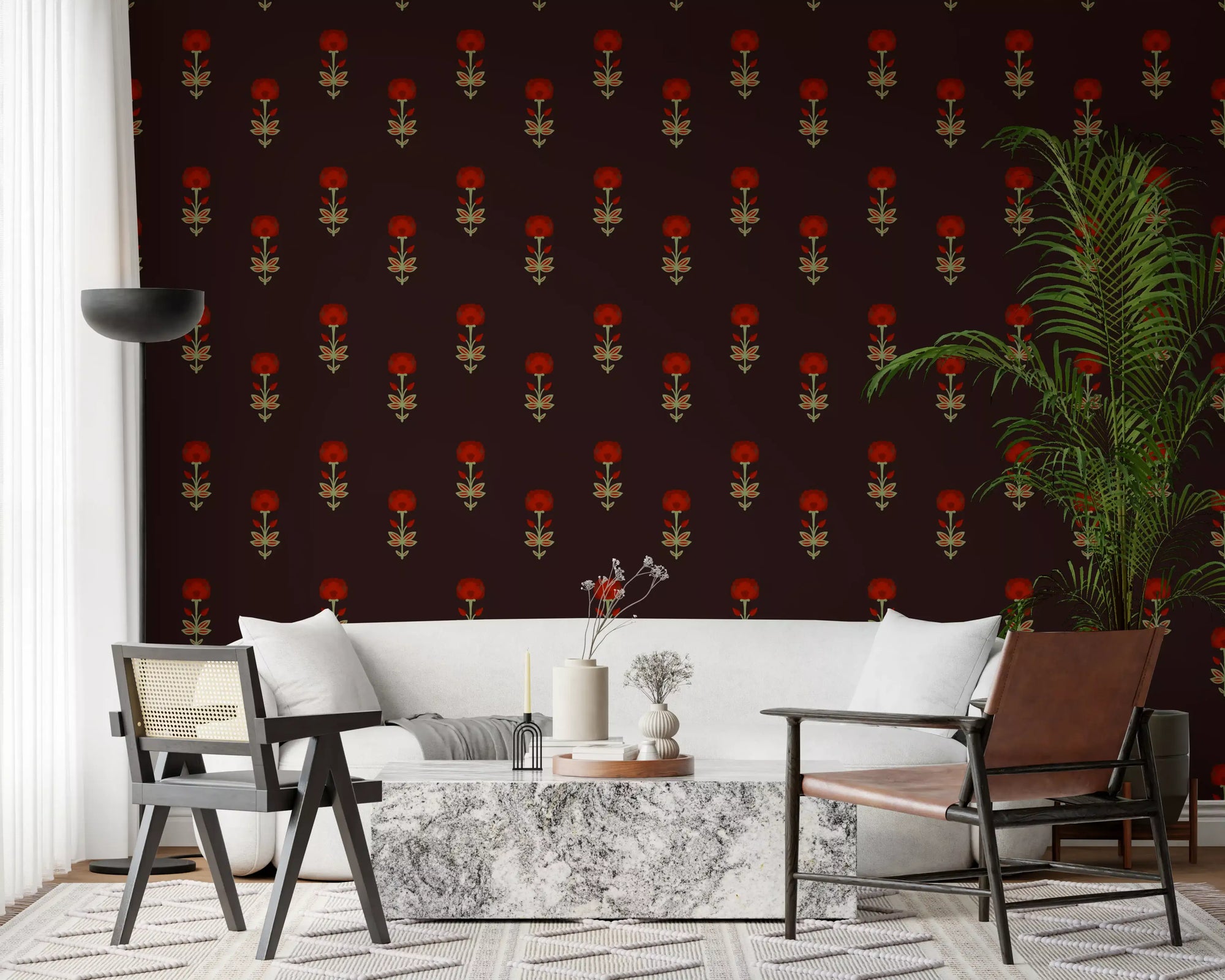 Crimson Mughal flowers pattern wallpaper on in living room GD10749