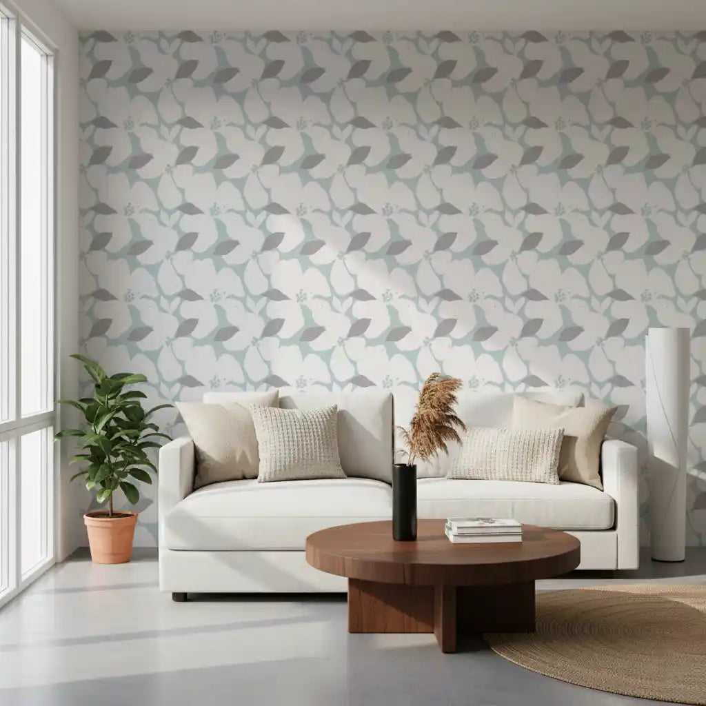 Pale blue pastel bloom floral wallpaper with oversized white petals in living area GD10750
