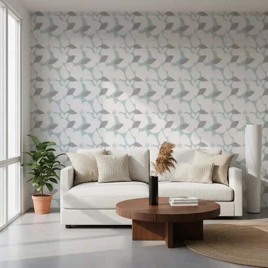 Pale blue pastel bloom floral wallpaper with oversized white petals in living area GD10750