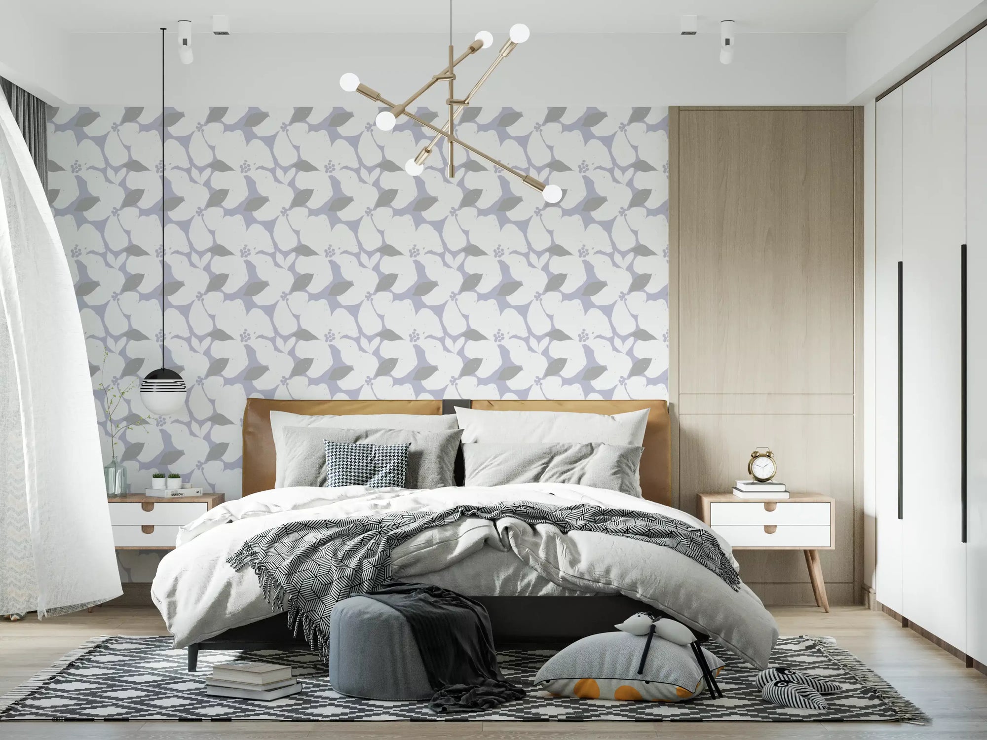 Nordic blossom soft periwinkle wallpaper with white flower petals in bedroom GD10751