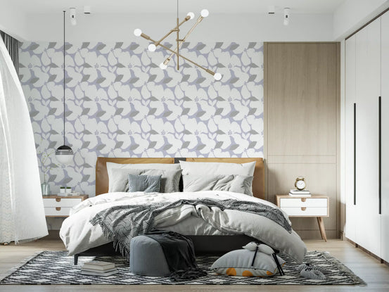 Nordic blossom soft periwinkle wallpaper with white flower petals in bedroom GD10751