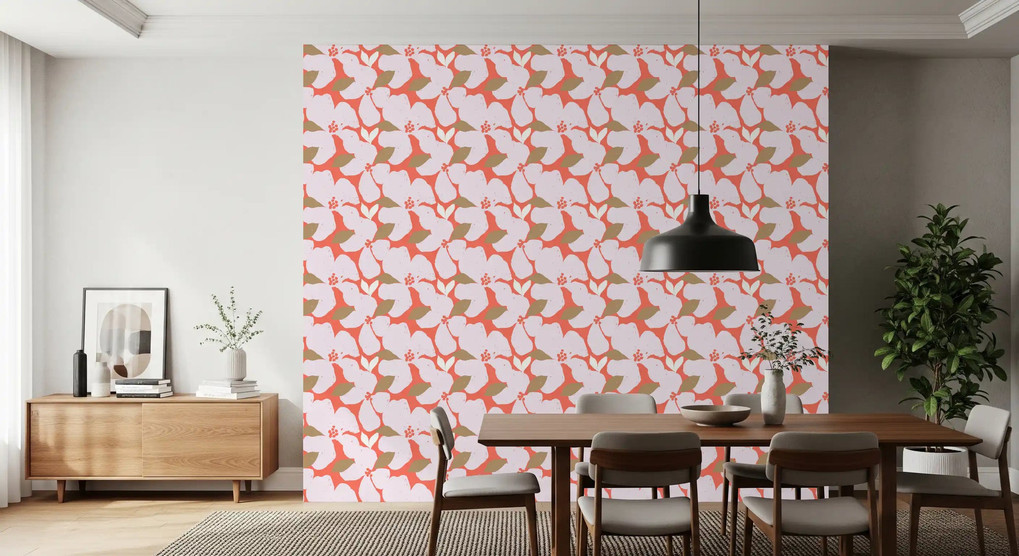Retro coral abstract floral wallpaper with oversized pink blooms in dining room GD10752