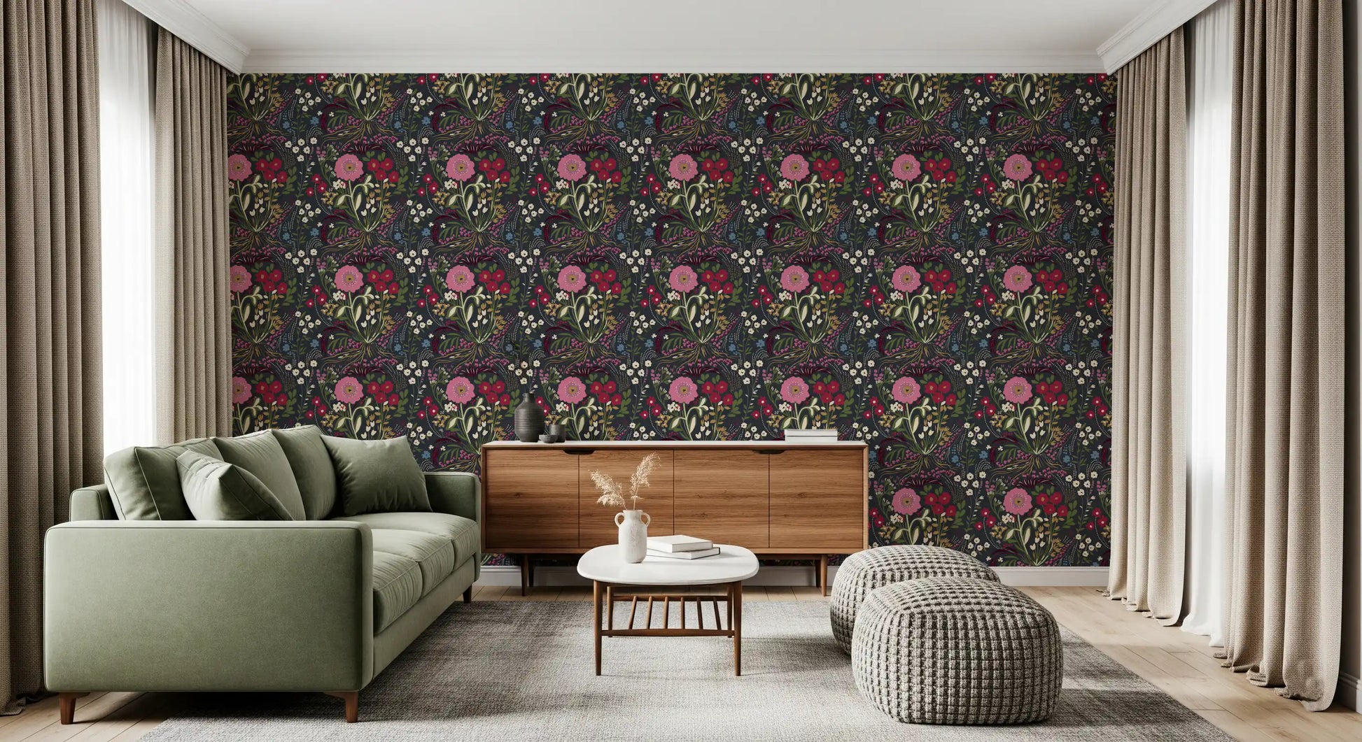 Enchanted Midnight Folk Floral Wallpaper Wallpaper⁠