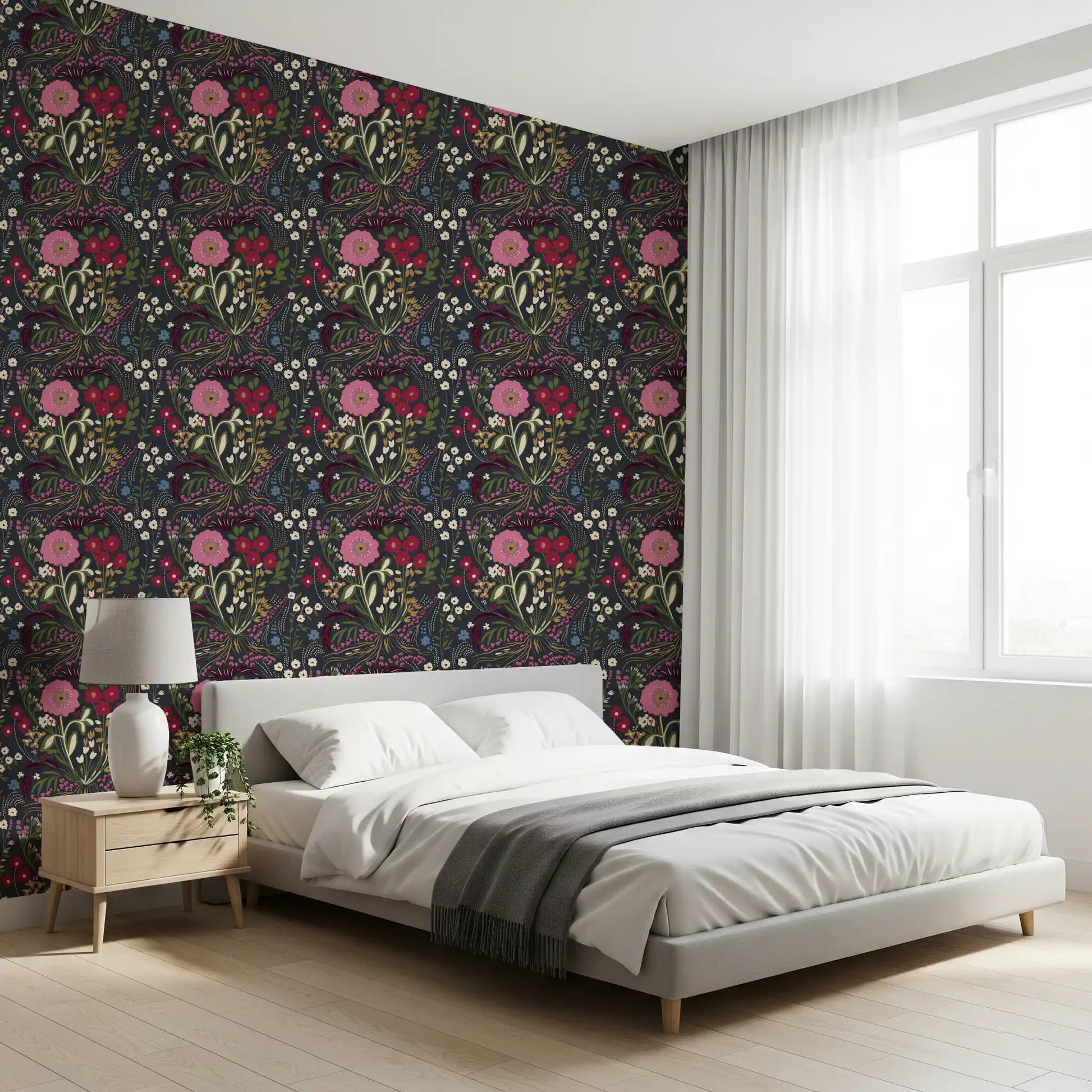 Enchanted Midnight Folk Floral Wallpaper Wallpaper⁠