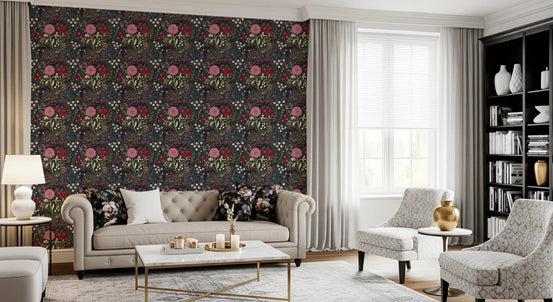 Enchanted midnight folk floral wallpaper with pink and crimson blooms in living area GD10753 