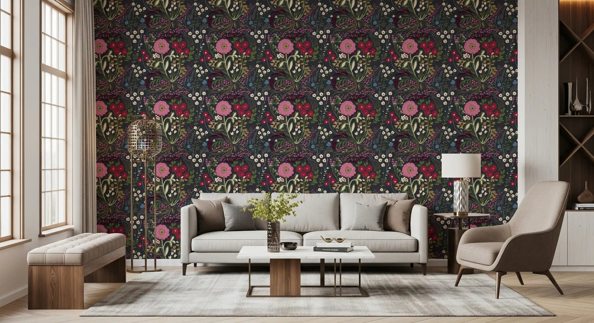 Enchanted Midnight Folk Floral Wallpaper Wallpaper⁠