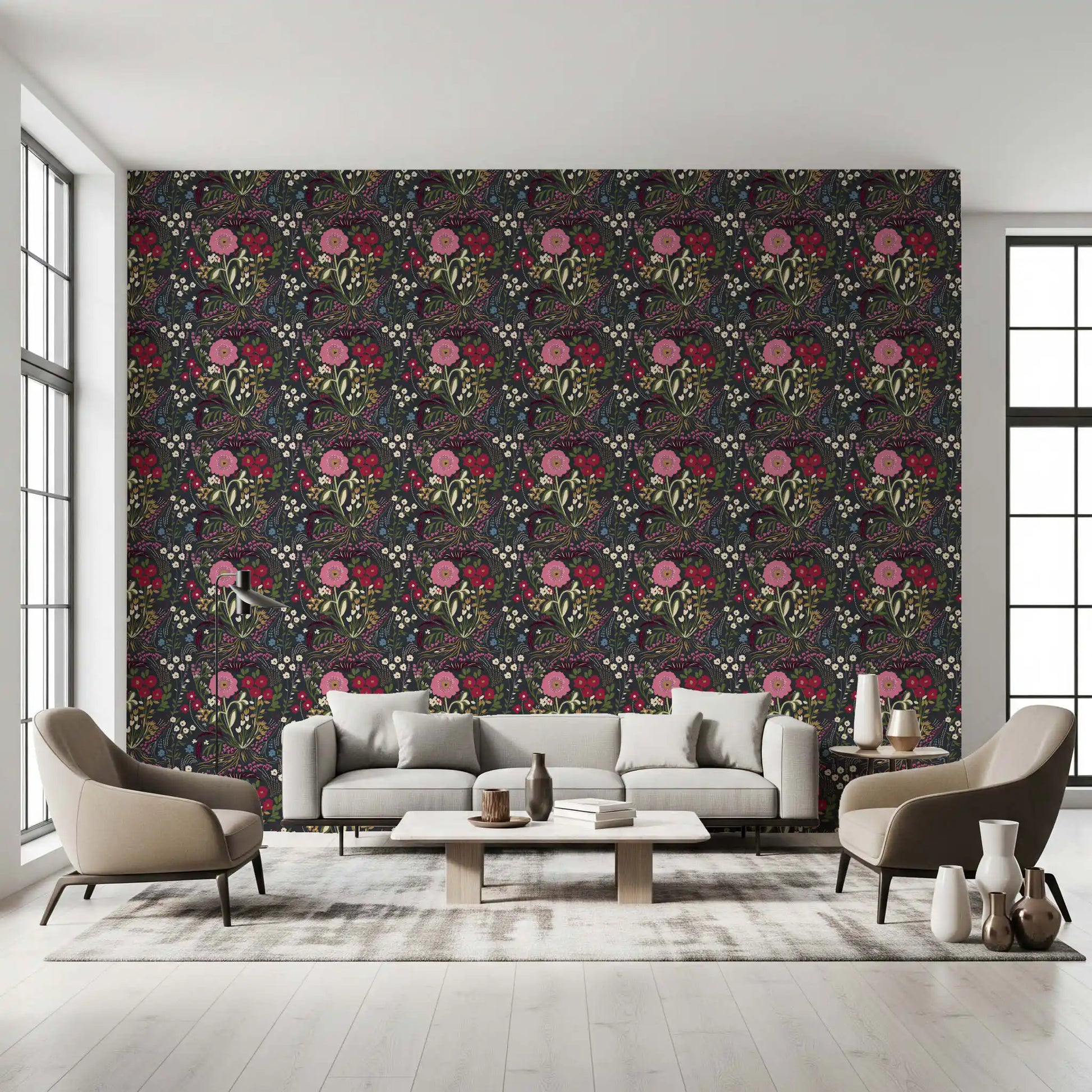 Enchanted Midnight Folk Floral Wallpaper Wallpaper⁠