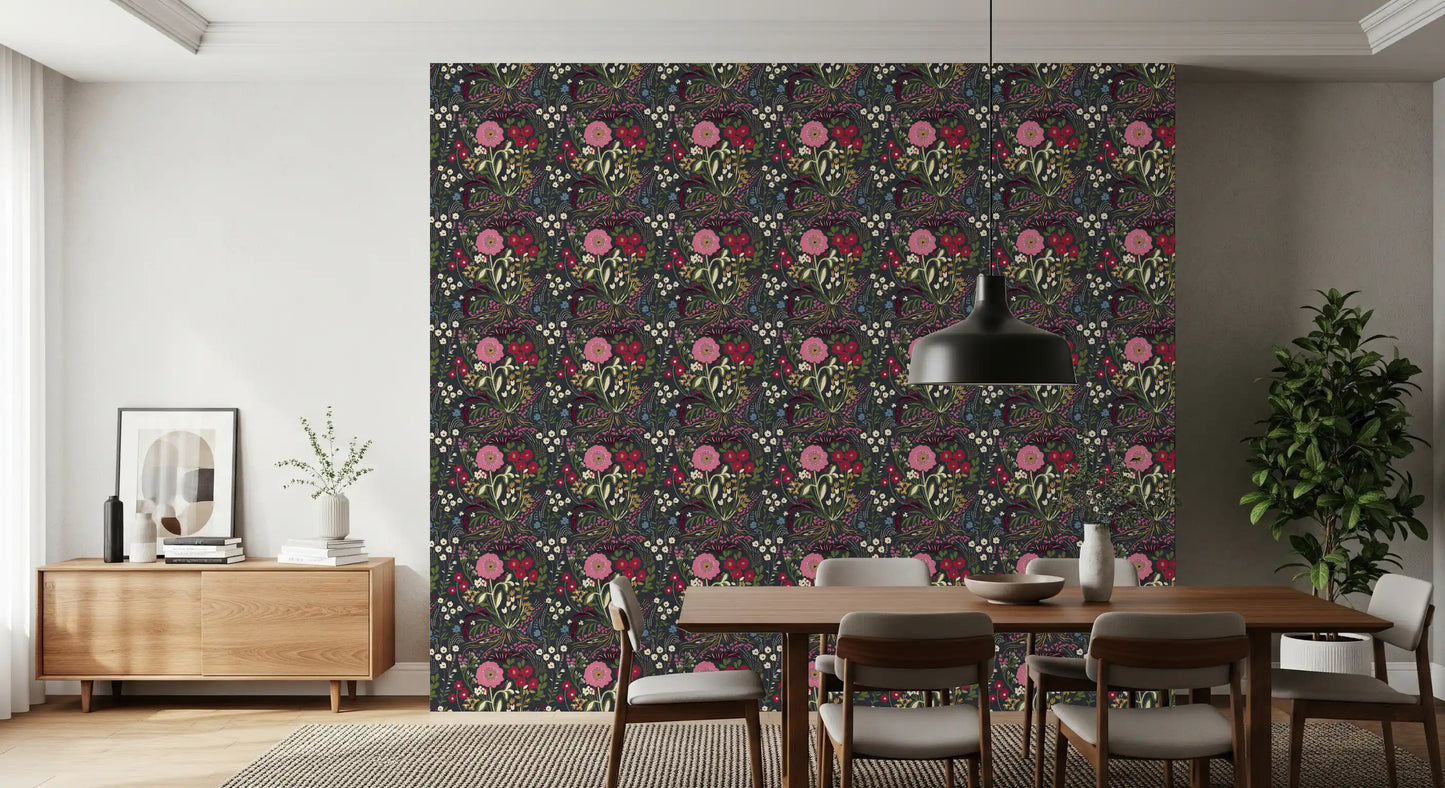 Enchanted Midnight Folk Floral Wallpaper Wallpaper⁠