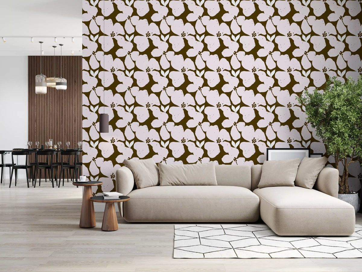Earthy olive and blush bold floral wallpaper with oversized pink blooms in living room. GD10756