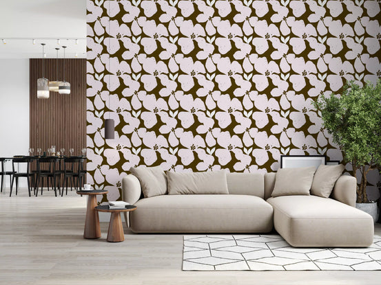 Earthy olive and blush bold floral wallpaper with oversized pink blooms in living room. GD10756