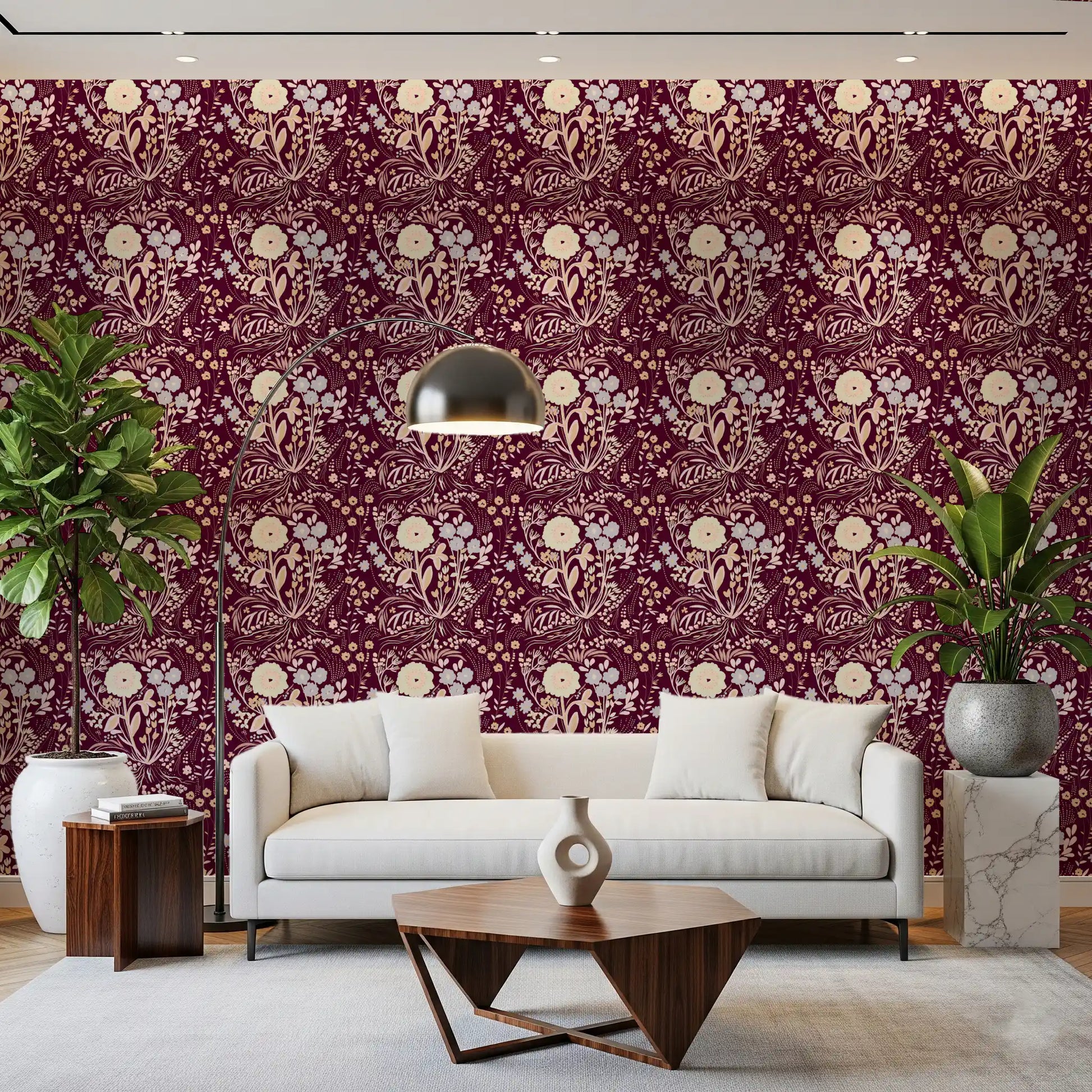 Midnight Wildflower Meadow on Red Wallpaper⁠