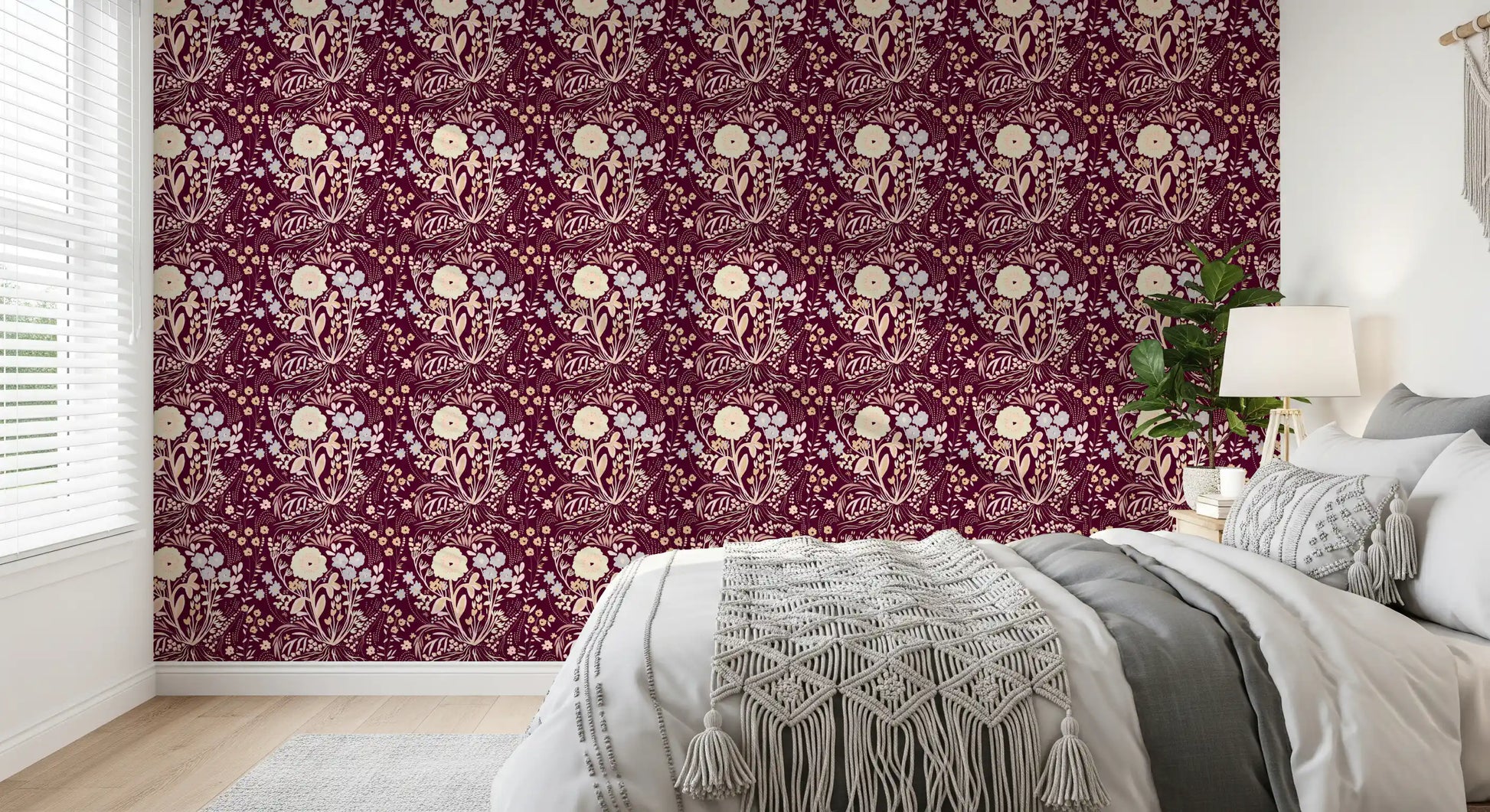 Midnight Wildflower Meadow on Red Wallpaper⁠
