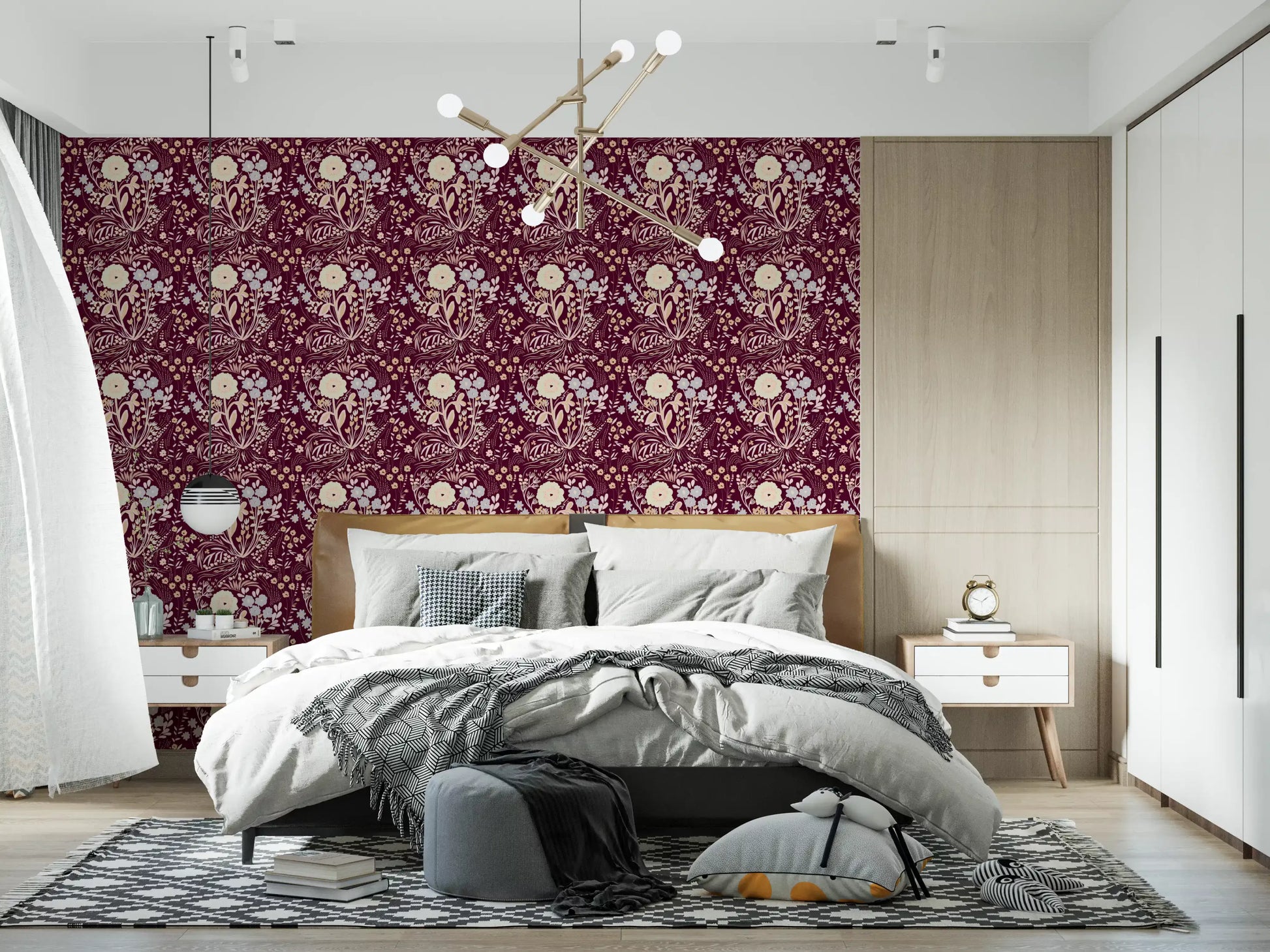 Midnight Wildflower Meadow on Red Wallpaper⁠