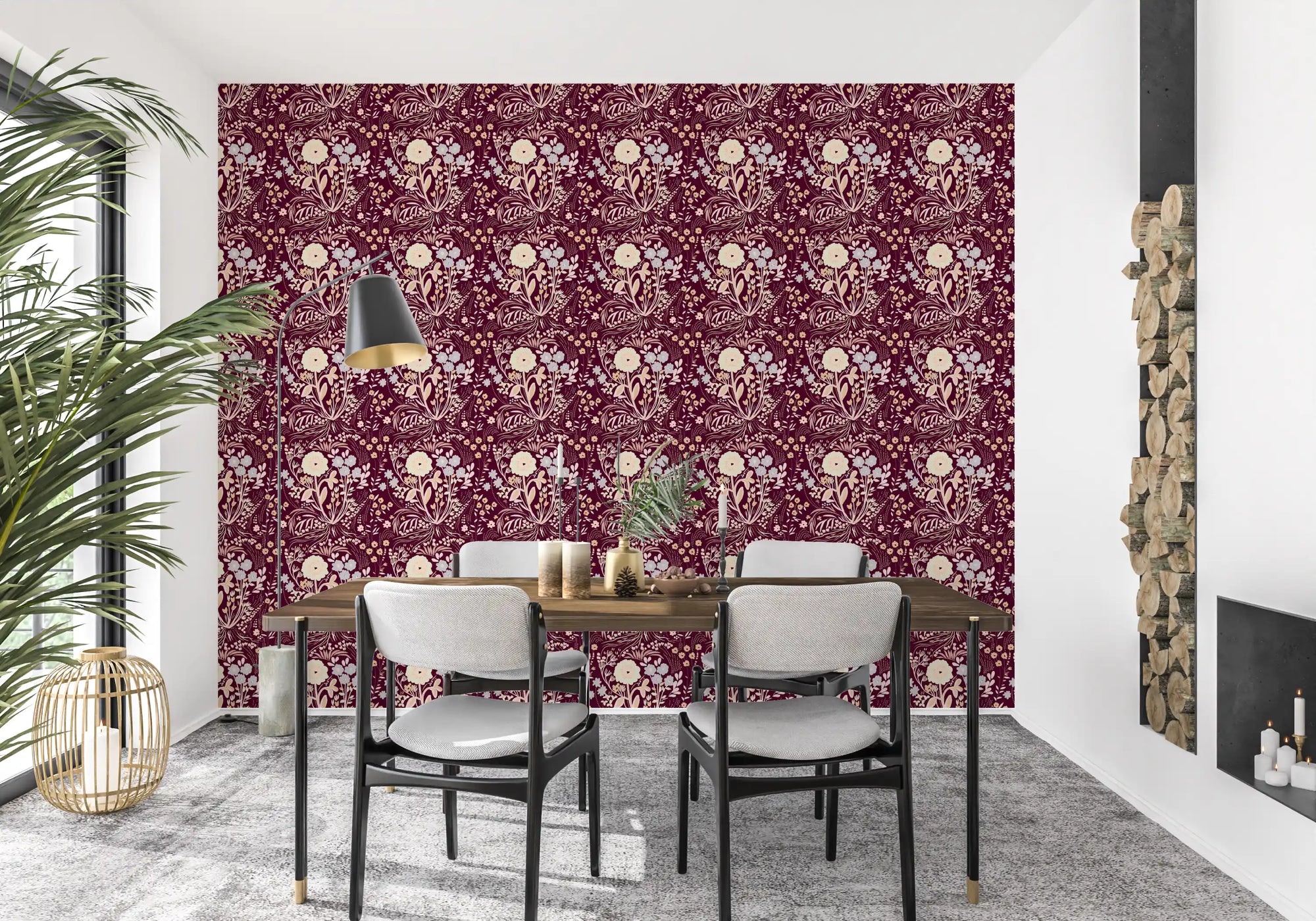 Midnight wildflower meadow wallpaper with cream and lilac blooms in dining room GD10758
