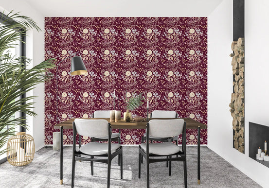 Midnight wildflower meadow wallpaper with cream and lilac blooms in dining room GD10758