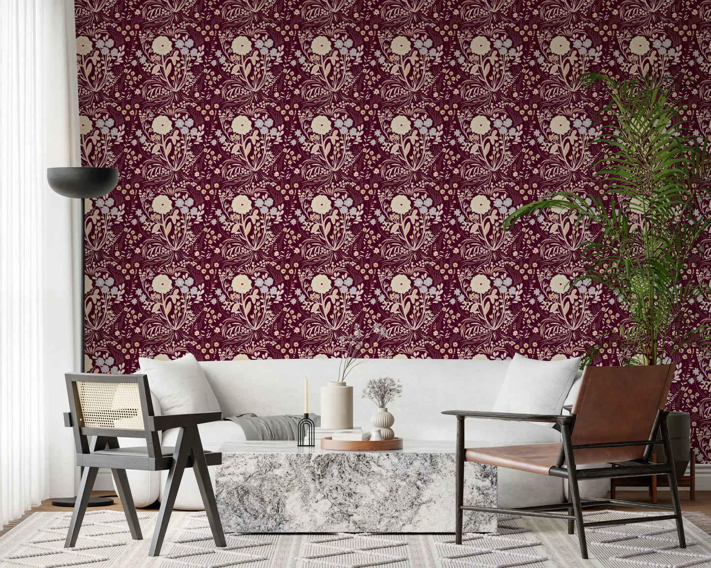 Midnight Wildflower Meadow on Red Wallpaper⁠