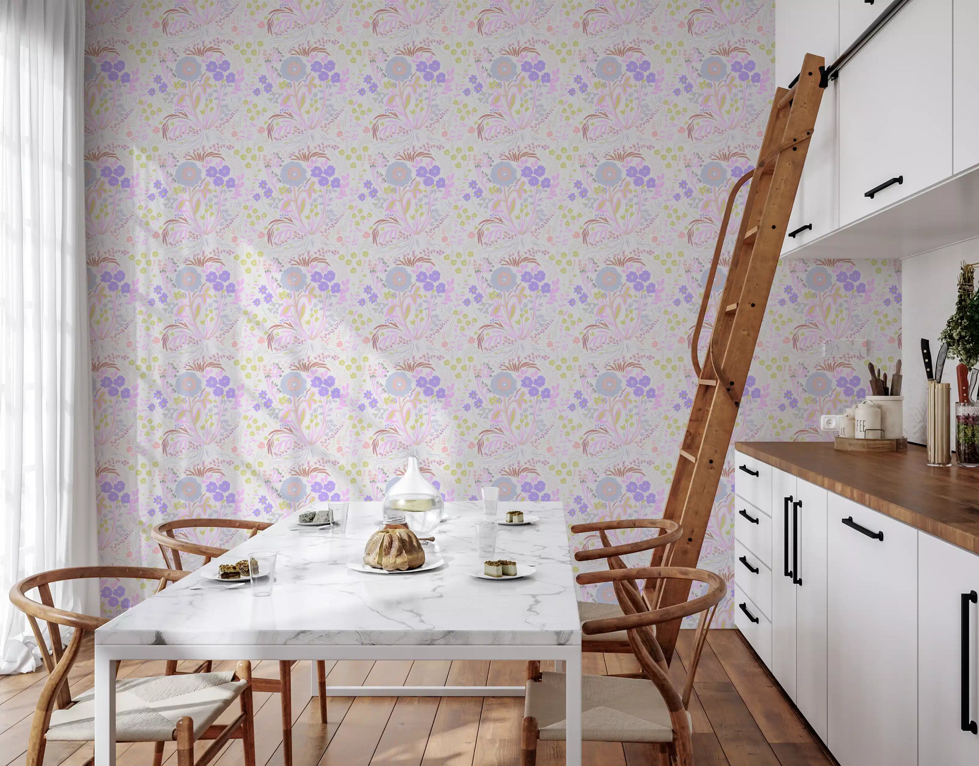 Whimsical pastel meadow floral wallpaper with purple and pink blooms in dining room GD10759