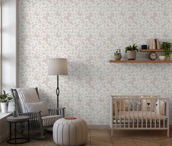 White cottagecore flower pattern on taupe beige wallpaper in nursery. GD10760