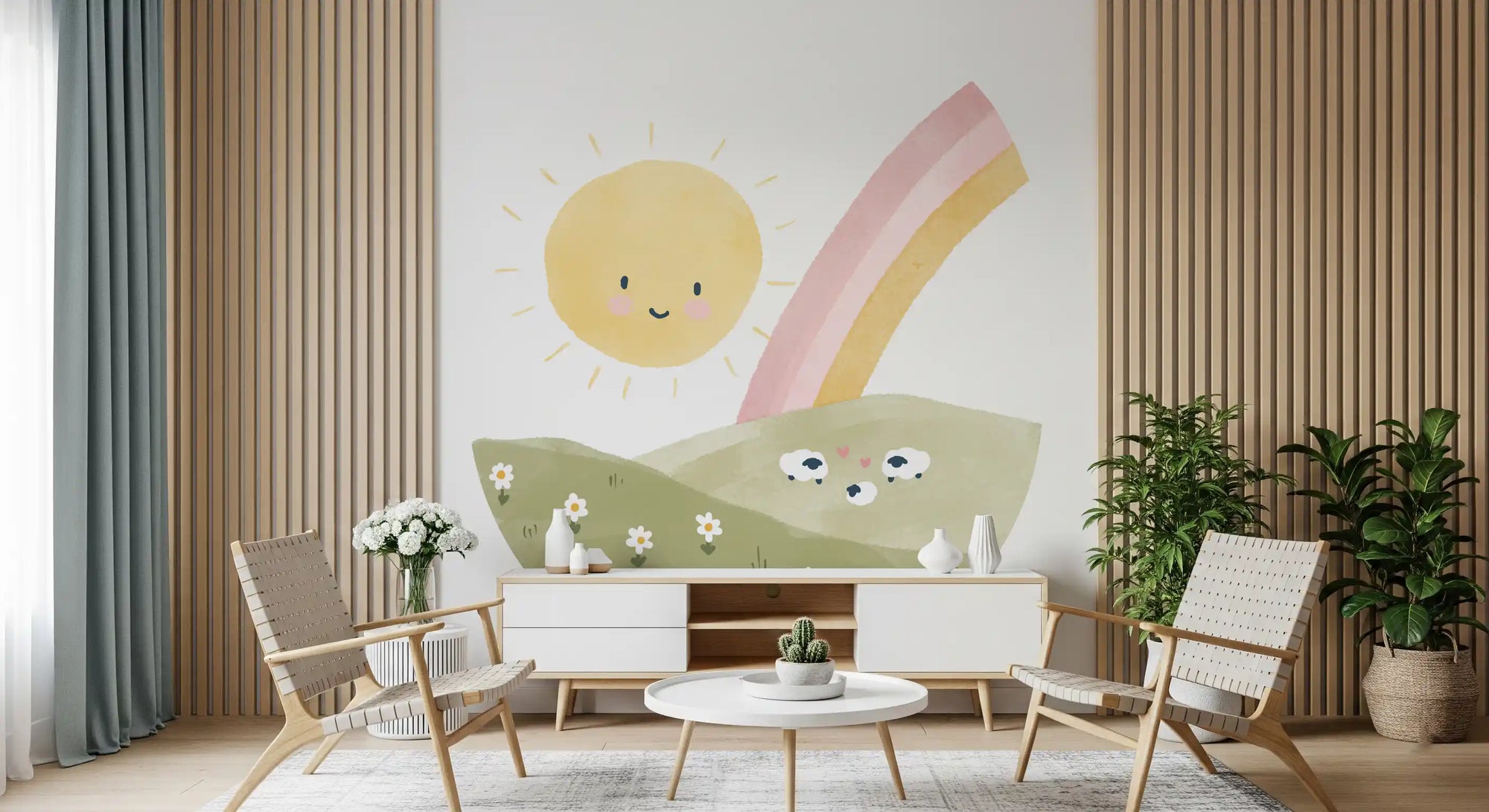 Watercolour sheep meadow with smiling sun wall mural in hallway GD10761