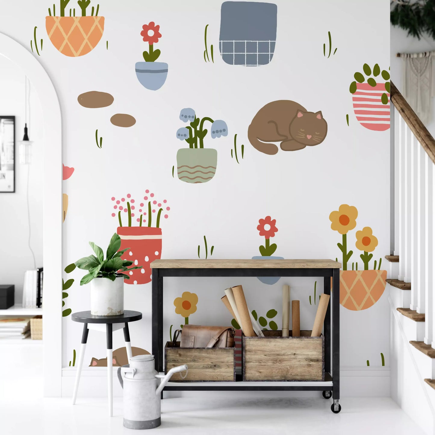 Sleeping Cats and Potted Plants Wallpaper Wall Mural
