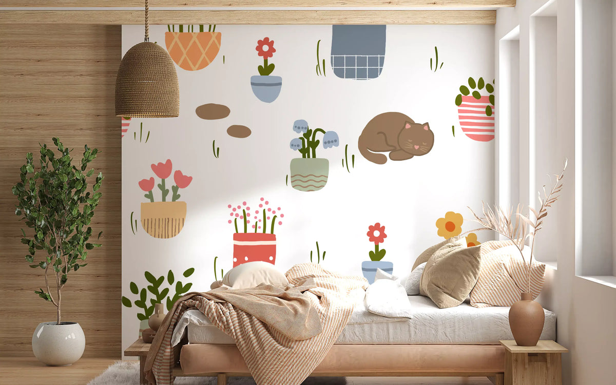 Sleeping brown cat beside potted flowers wall mural in bedroom GD10763