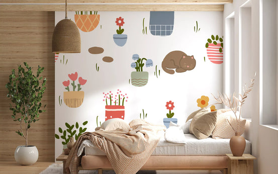 Sleeping brown cat beside potted flowers wall mural in bedroom GD10763
