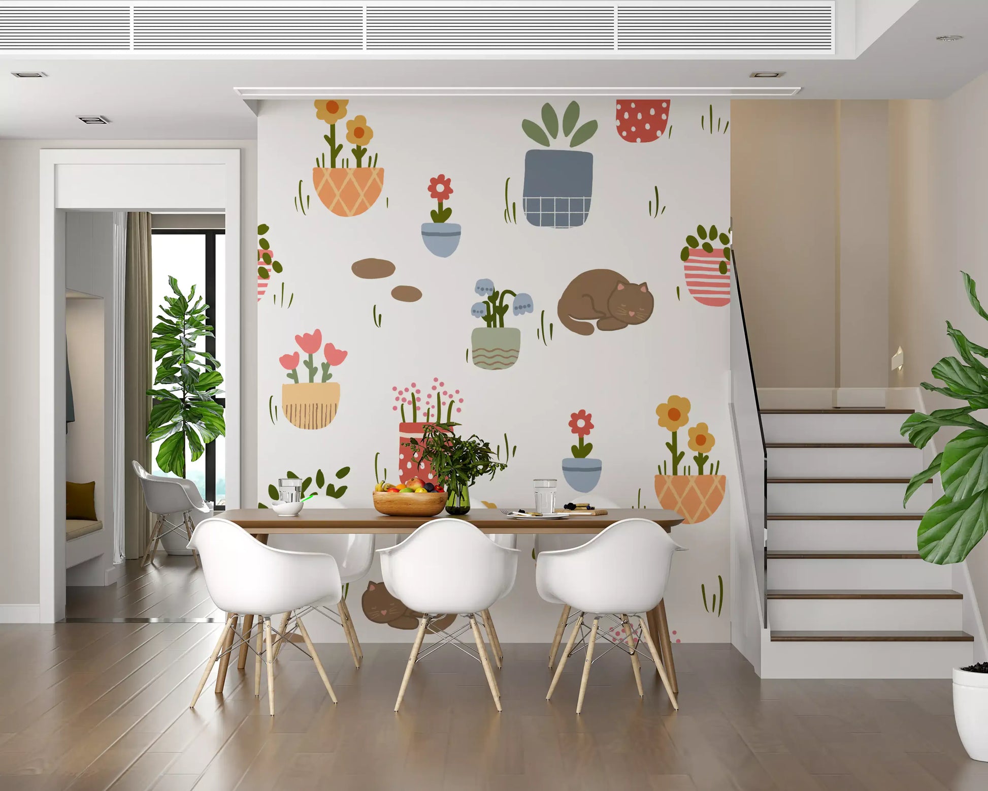 Sleeping Cats and Potted Plants Wallpaper Wall Mural