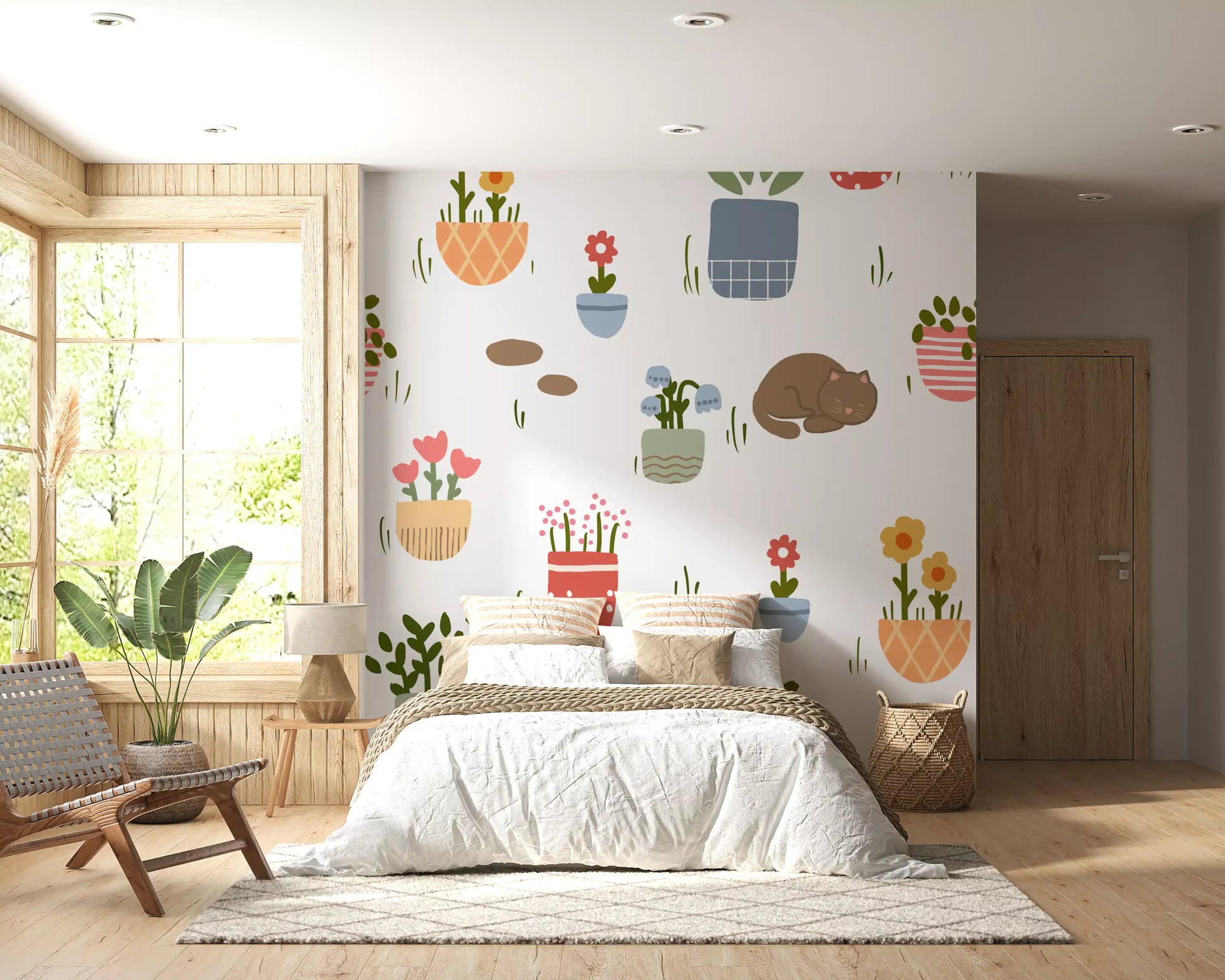 Sleeping Cats and Potted Plants Wallpaper Wall Mural