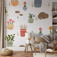 Sleeping Cats and Potted Plants Wallpaper Wall Mural