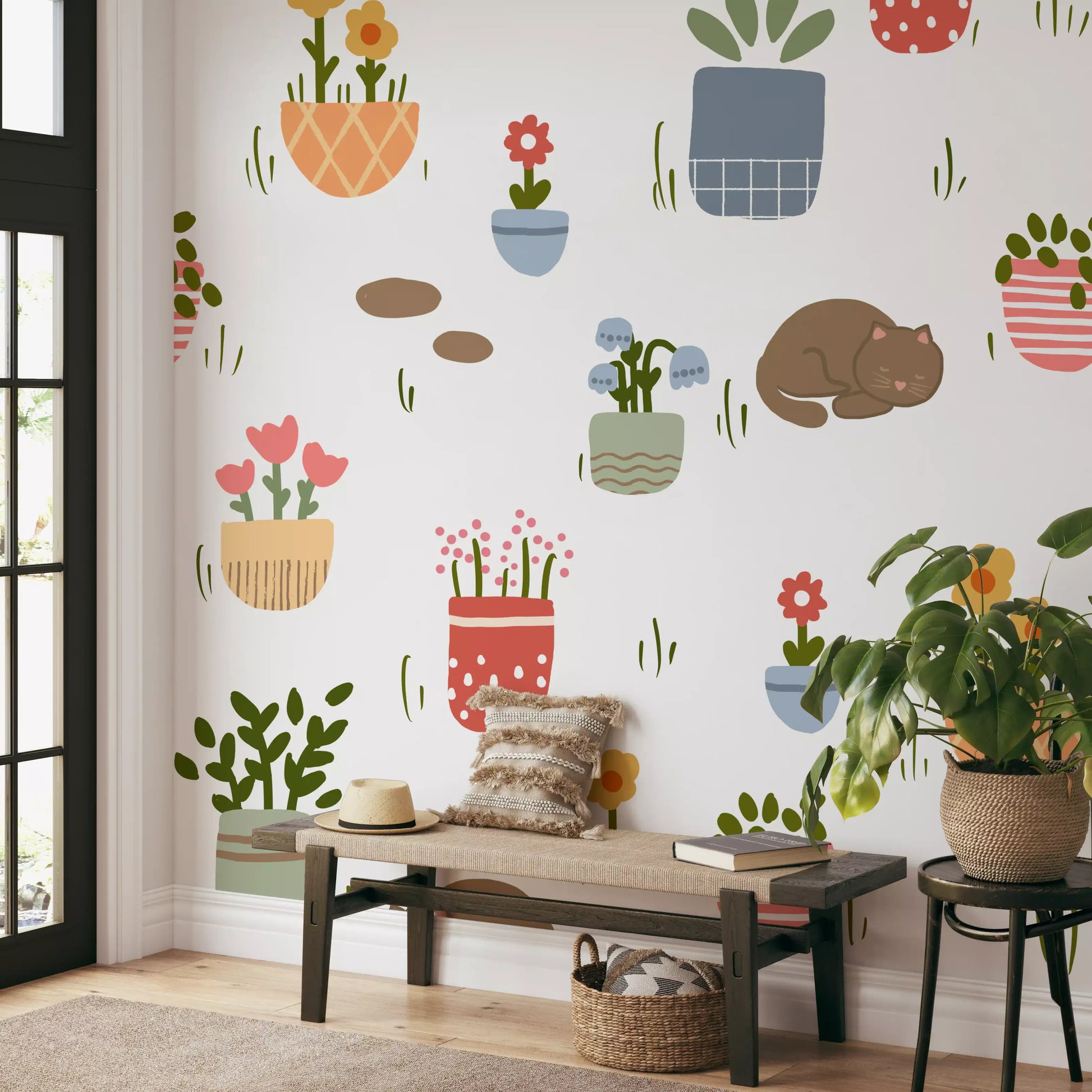Sleeping Cats and Potted Plants Wallpaper Wall Mural