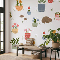 Sleeping Cats and Potted Plants Wallpaper Wall Mural