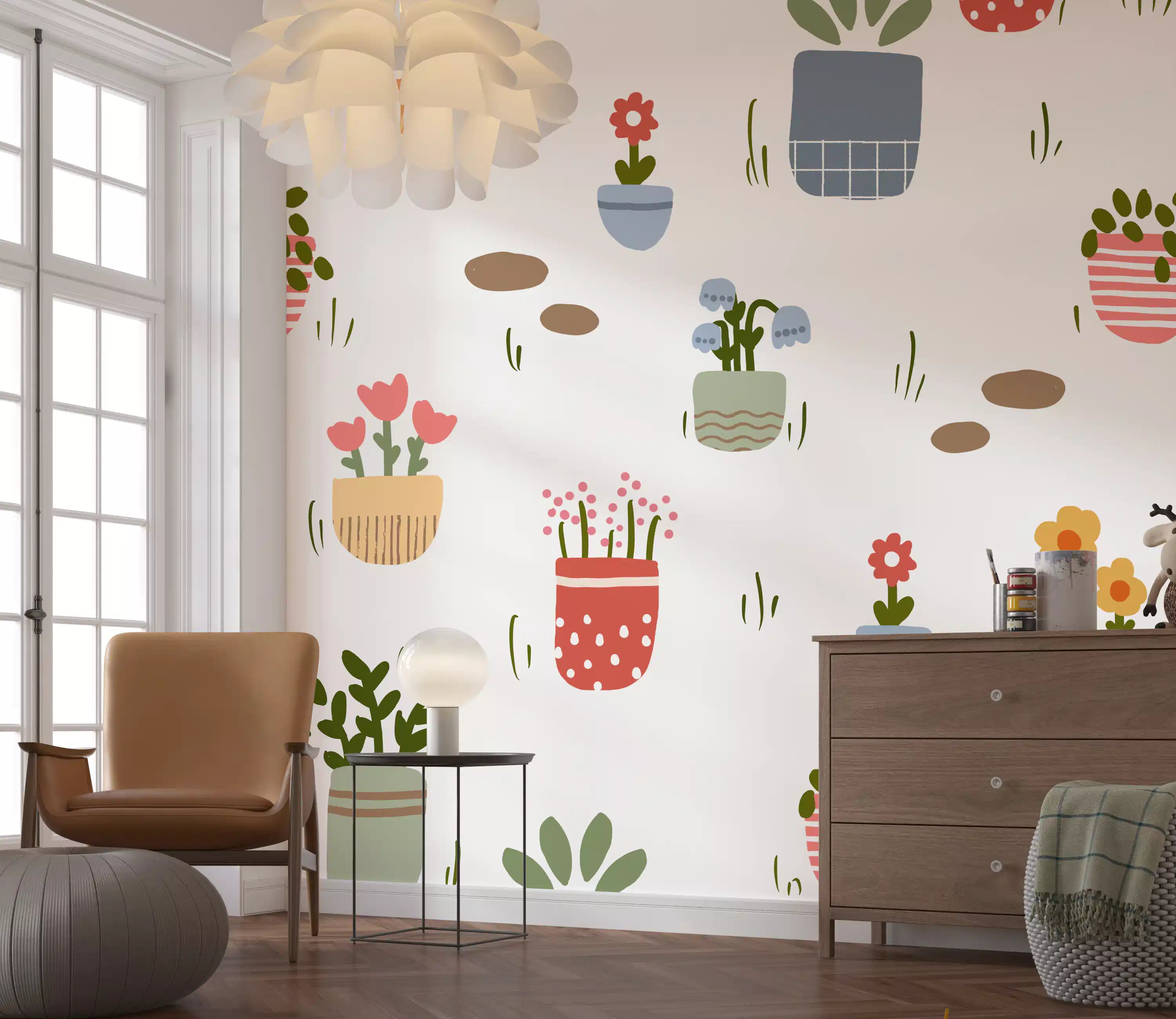 Assorted potted flowers on white background wall mural in hallaway GD10764