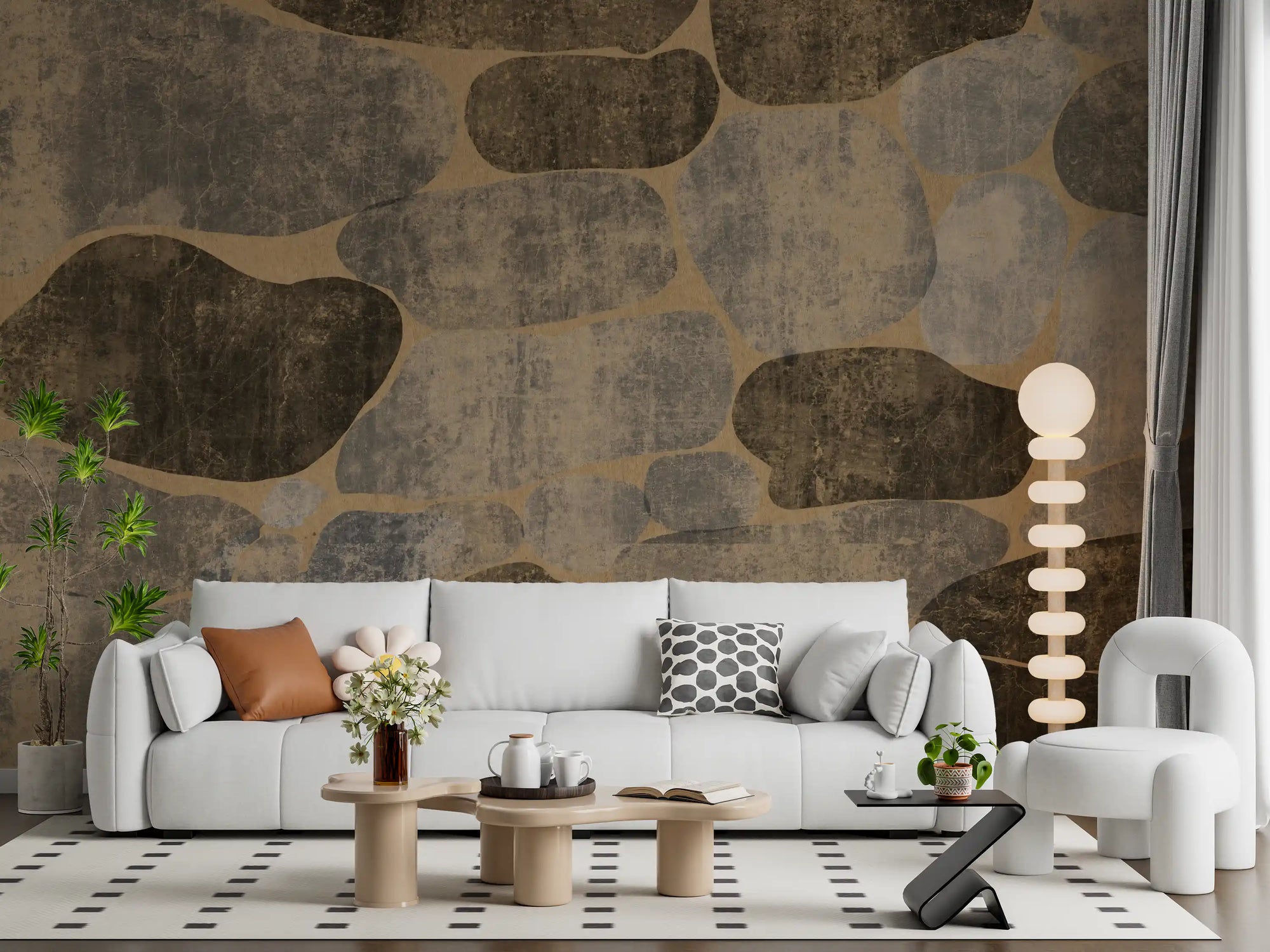 Rustic cobblestone stone wall mural in grey and brown tones for living room GD10765