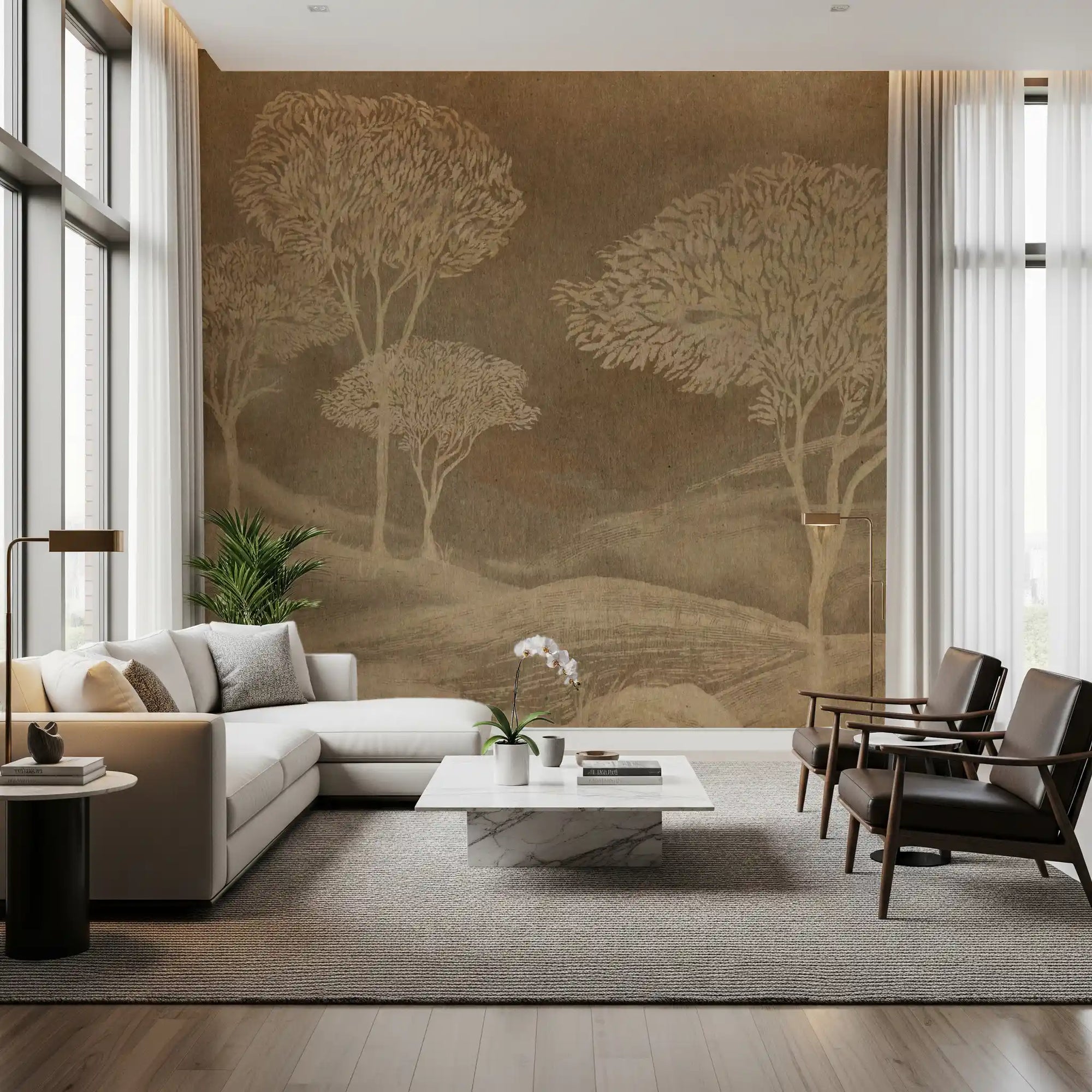 Sepia toned landscape wall mural with trees on rolling hills in living room GD10767