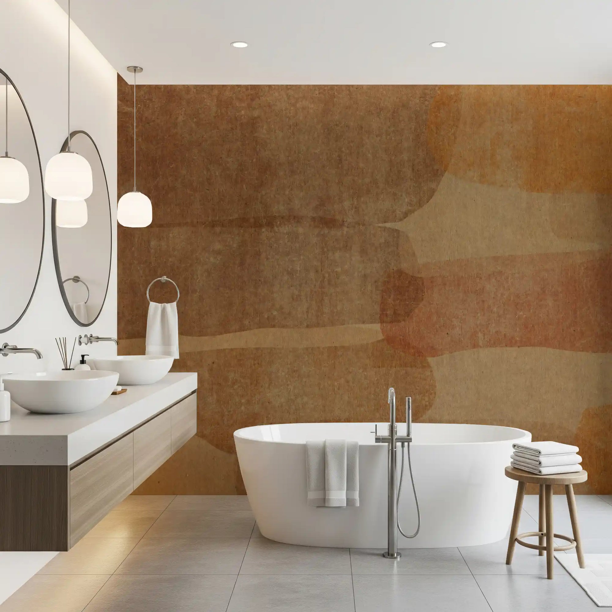 Earthy terracotta abstract layered wall mural in bathroom GD10768 